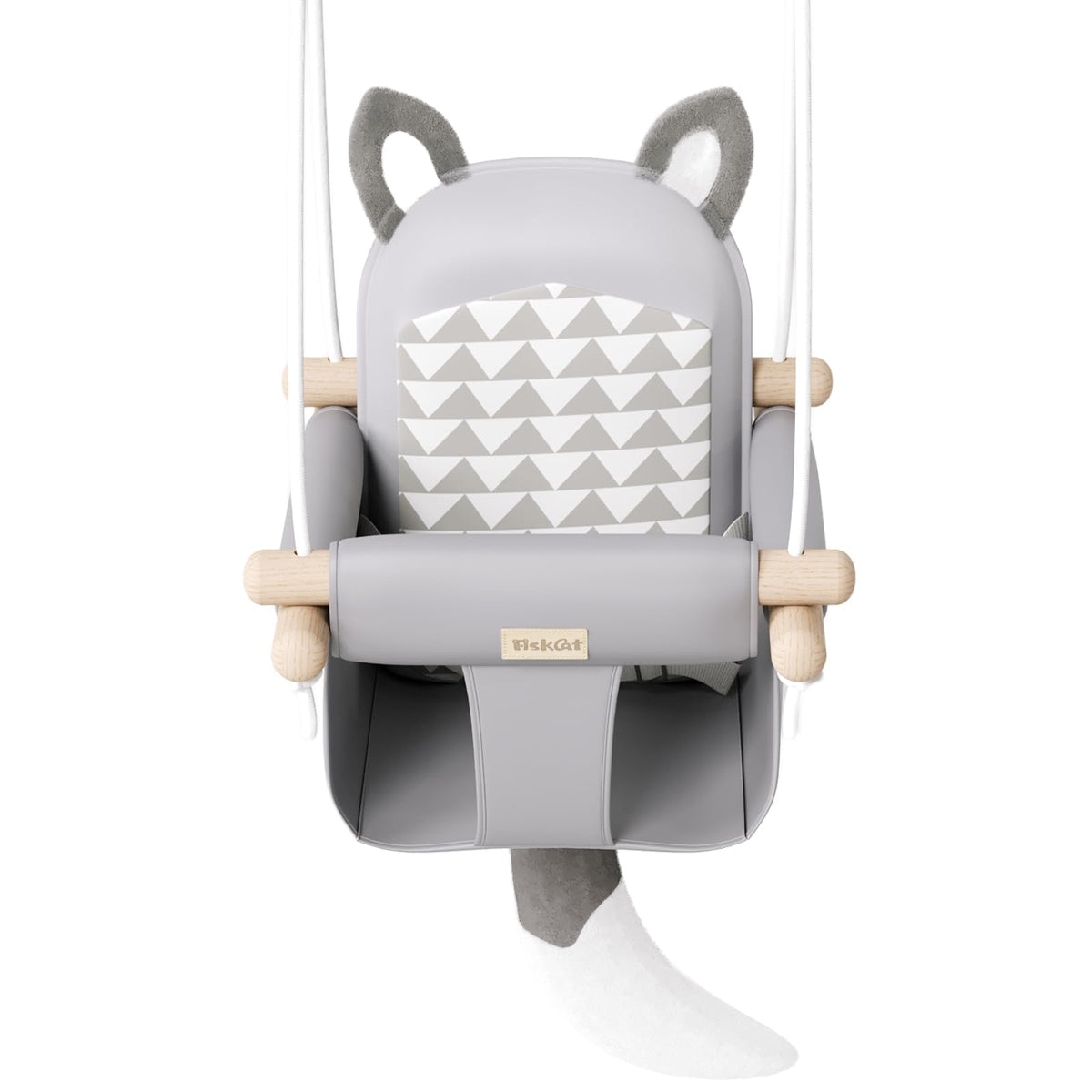 AskCat fox-themed wooden baby swing seat provides comfy support for playtime.