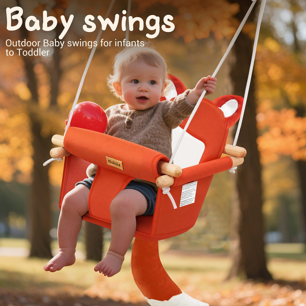 AskCat fox-themed wooden baby swing side view highlights adjustable height for growth
