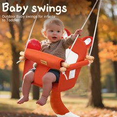AskCat fox-themed wooden baby swing side view highlights adjustable height for growth