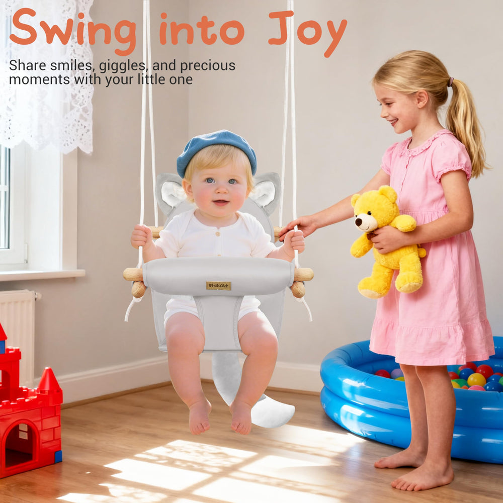 AskCat gray fox-themed swing closeup highlights adorable design details.