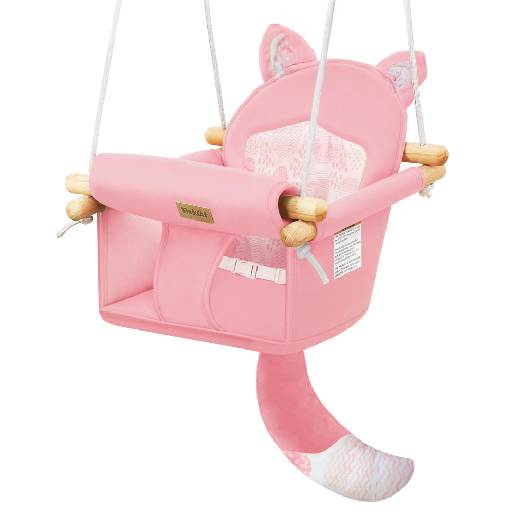 AskCat wooden baby swing fox design pink with adjustable belt for indoor calm rocking.