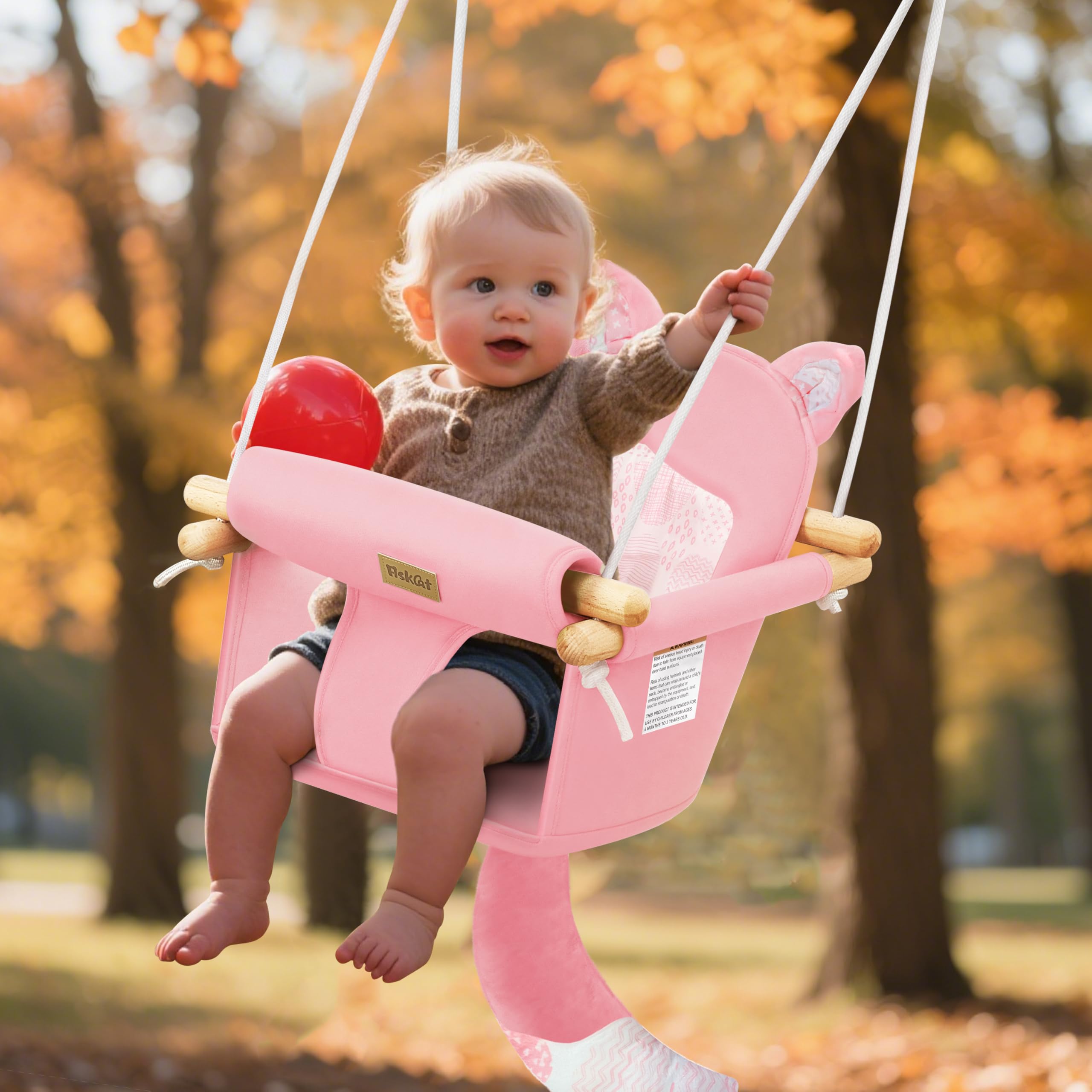 AskCat fox-themed wooden swing pink with soft padded seat for gentle comfort.