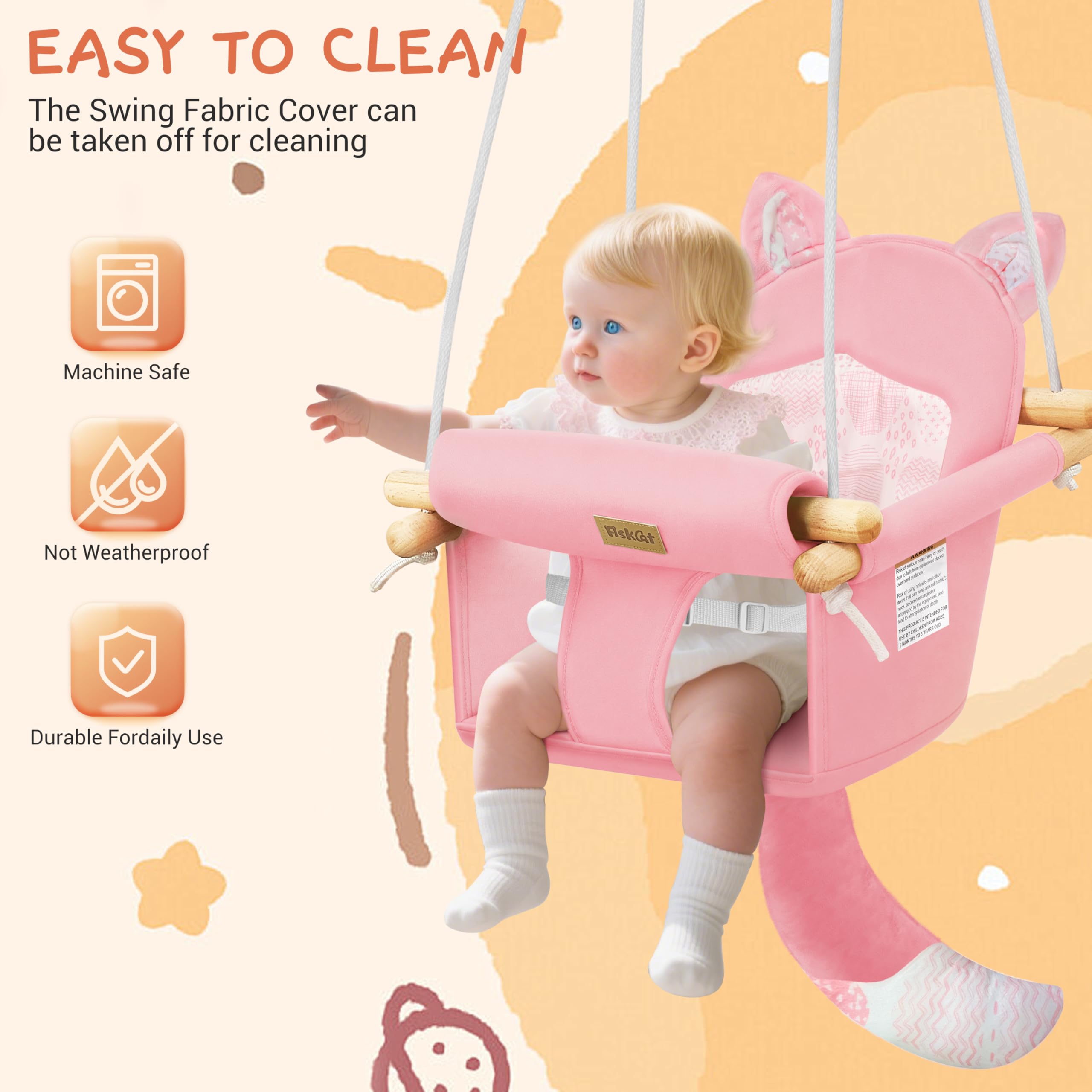 AskCat wooden baby swing indoors and outdoors ready for porch or living room.