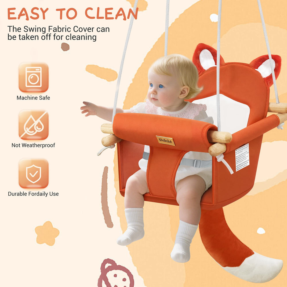 AskCat wooden baby swing indoor outdoor-use demonstrates versatility in placement