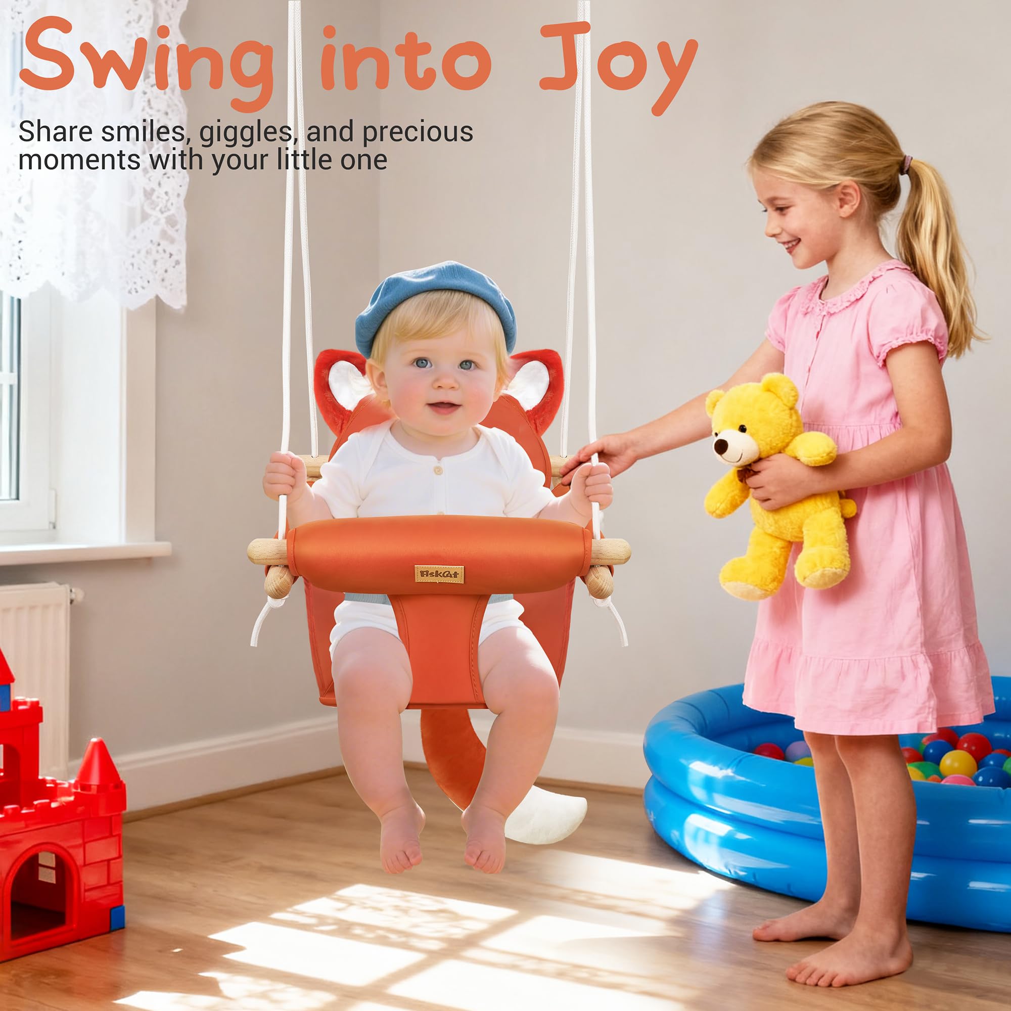 AskCat wooden baby swing safety belt close-up shows gentle secure fit