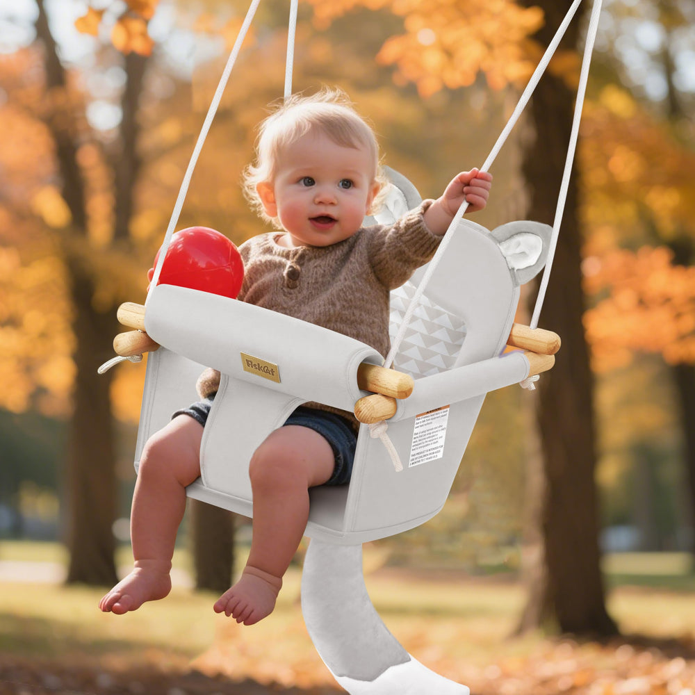 AskCat wooden-frame swing closeup shows sturdy construction.