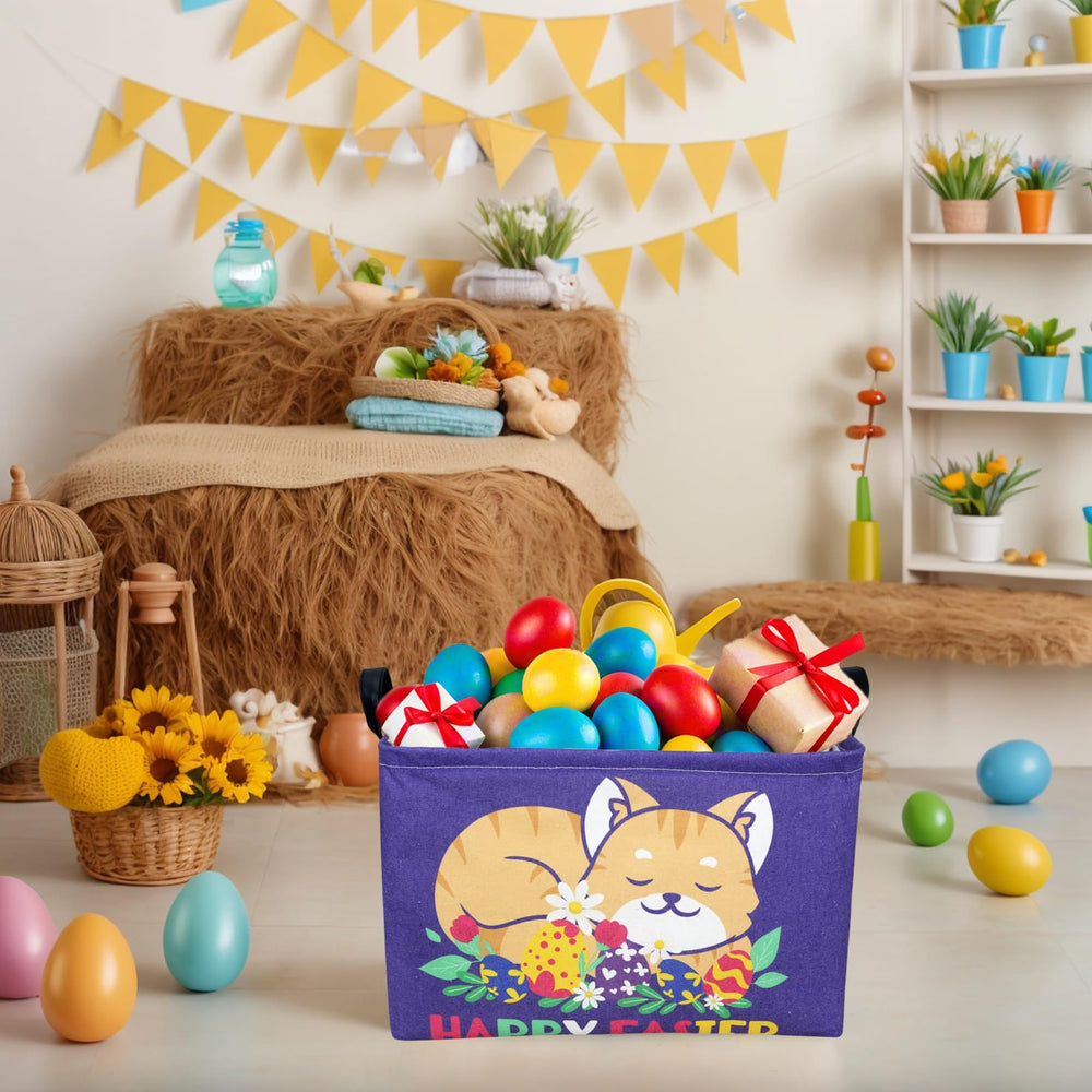 ASKETAM Cat Easter Basket digital pattern highlights colorful eggs and rabbits for festive decor.
