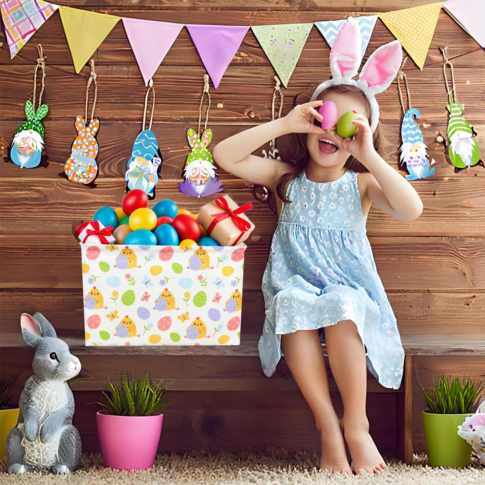 ASKETAM Cute Chicken Easter Basket linen cotton fabric for lightweight durability.