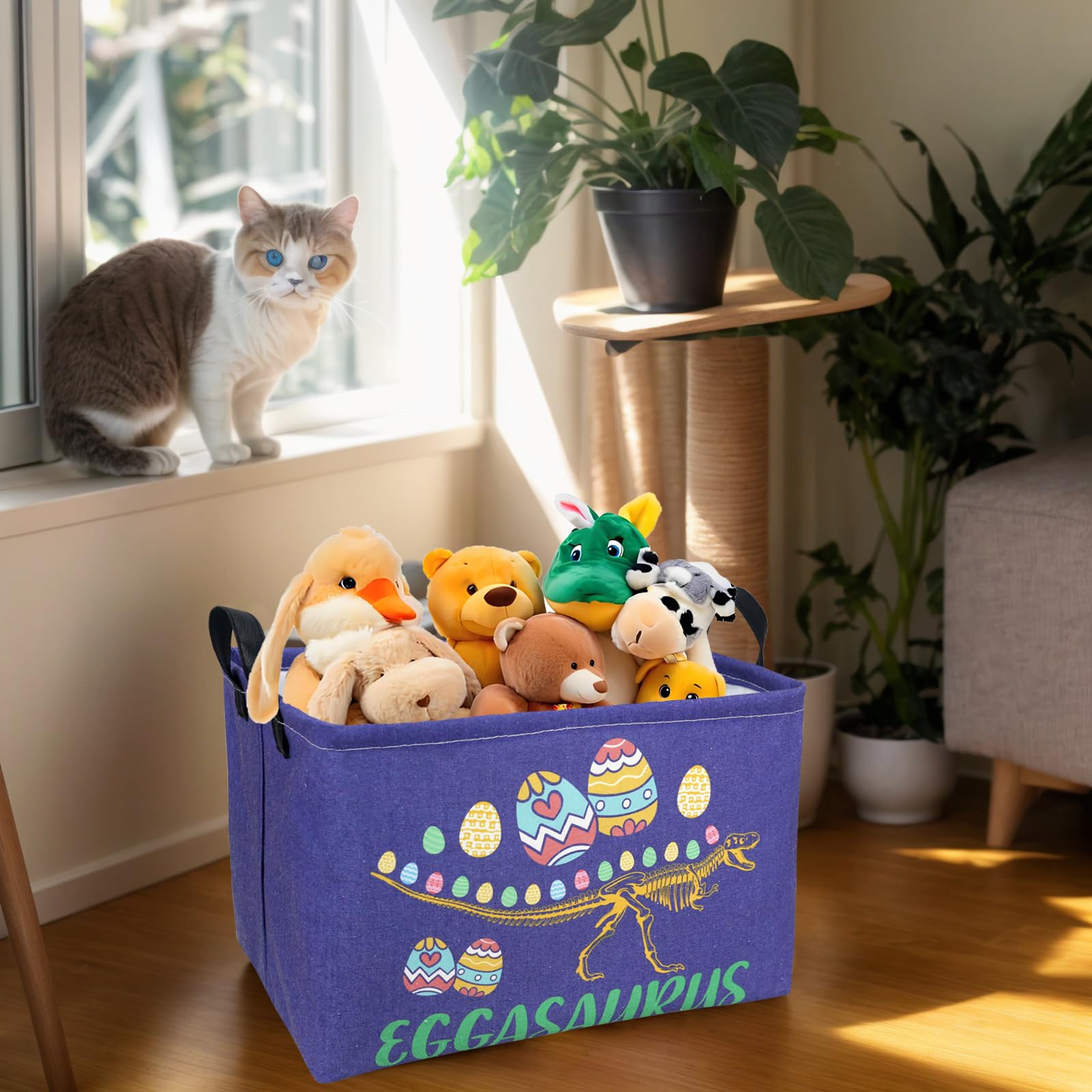 ASKETAM Dinosaur Easter Basket dimensions shown for gifts and spacious storage.