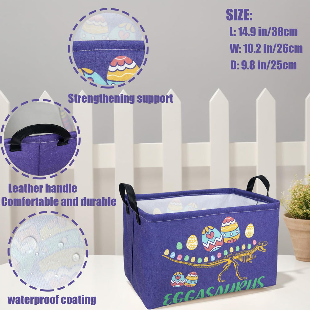 ASKETAM Dinosaur Easter Basket with durable synthetic leather handles for easy carrying.