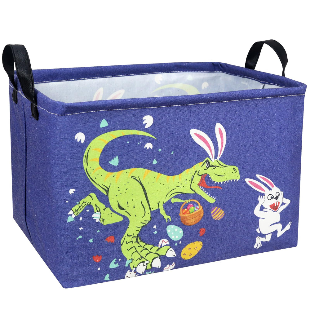 ASKETAM dinosaur Easter basket, large empty rectangle for gifts and eggs.