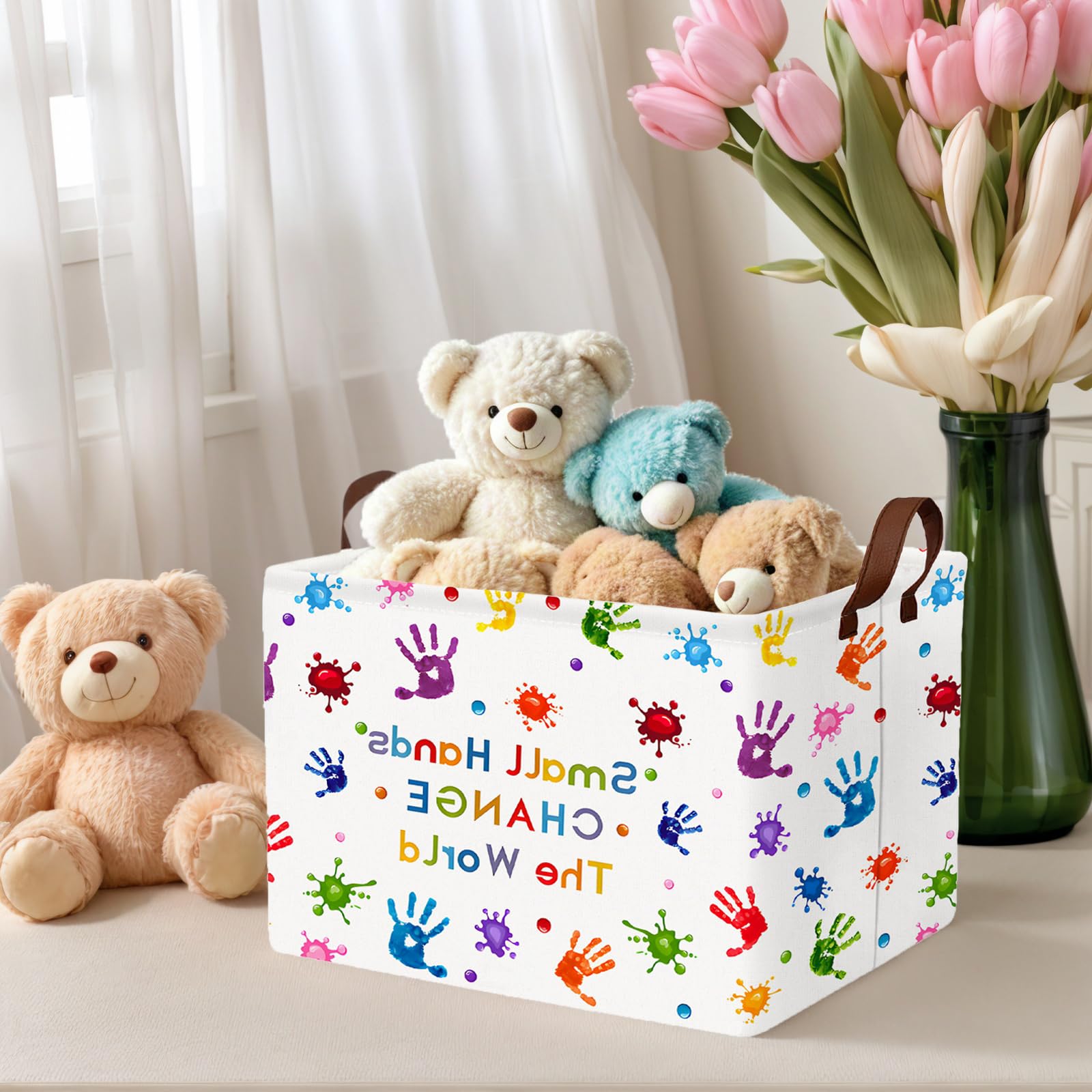 ASKETAM Kid Cute rectangle basket open top colored handprint ideal for quick laundry organization