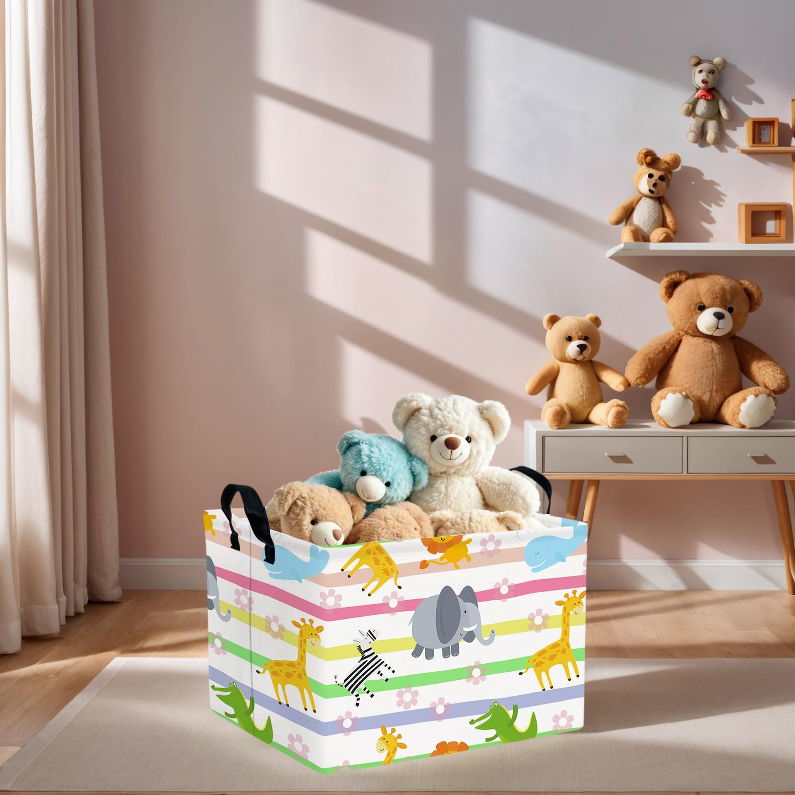 ASKETAM Woodland Animals basket open-top design enables quick-access toy storage.