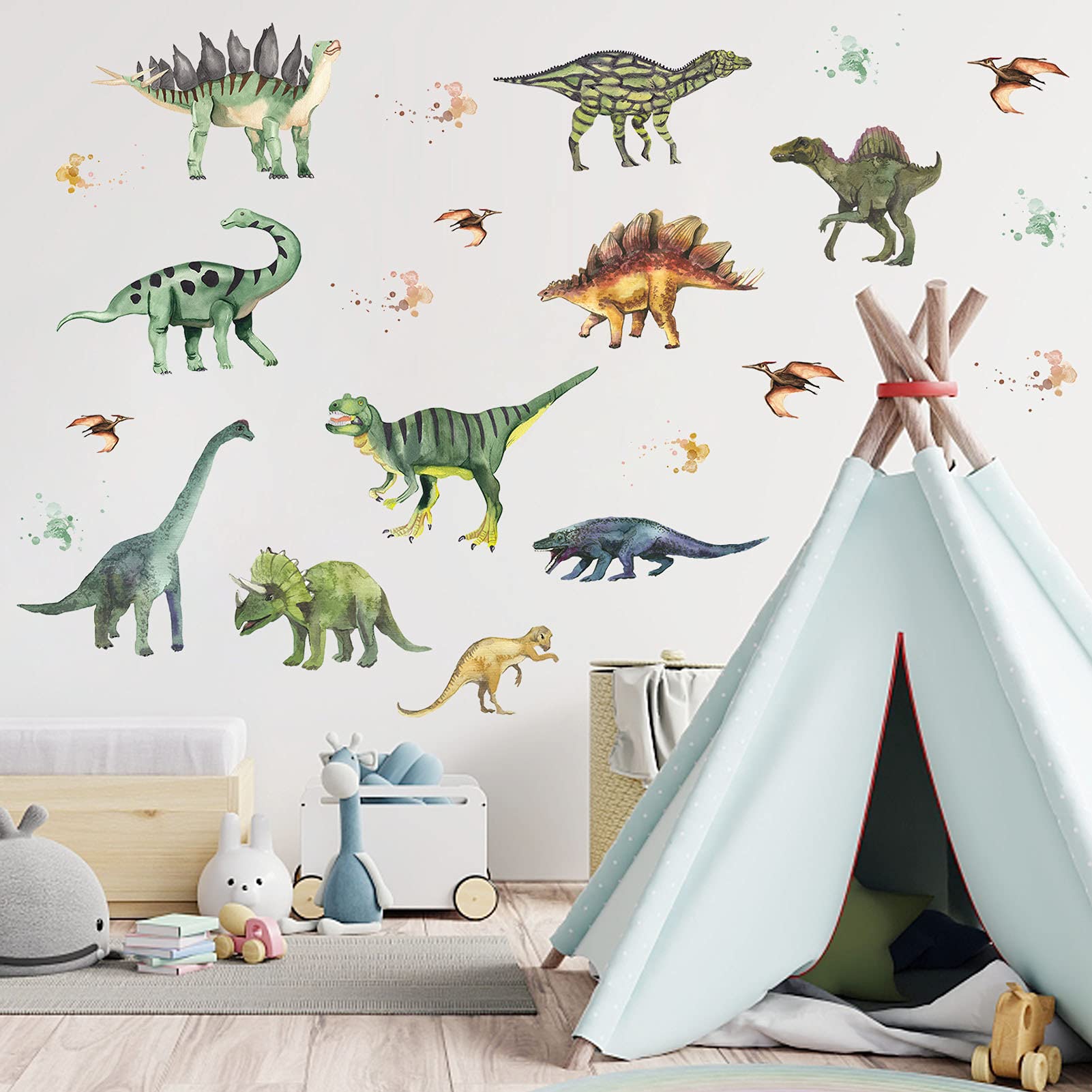 ASMPIO dinosaur wall decor in a bedroom scene with vivid removable decals