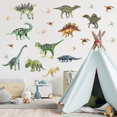 ASMPIO dinosaur wall decor in a bedroom scene with vivid removable decals