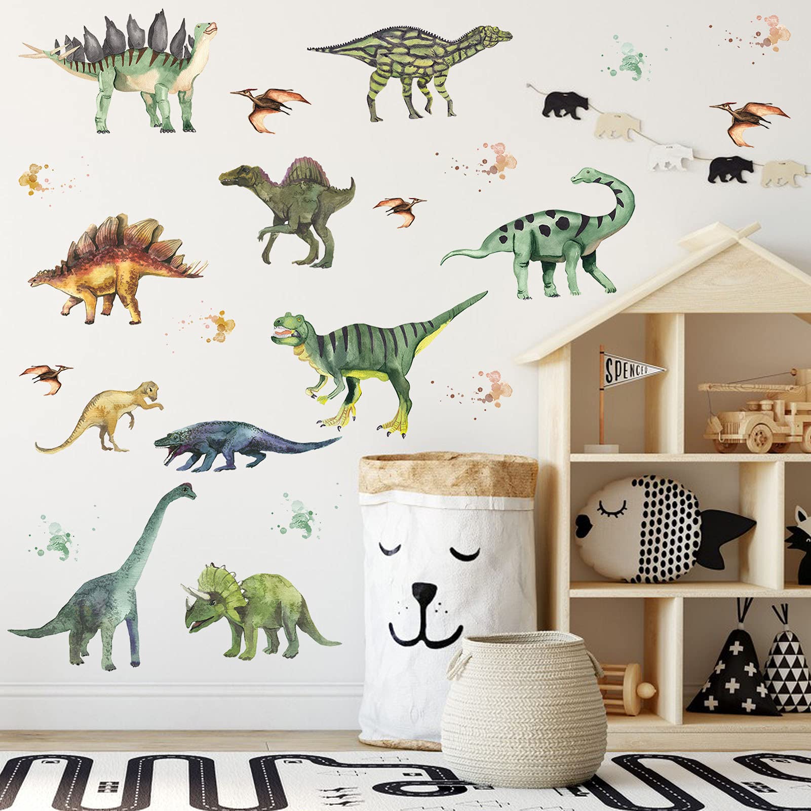 ASMPIO dinosaurs wall stickers package features four sheets for easy kids' room decoration