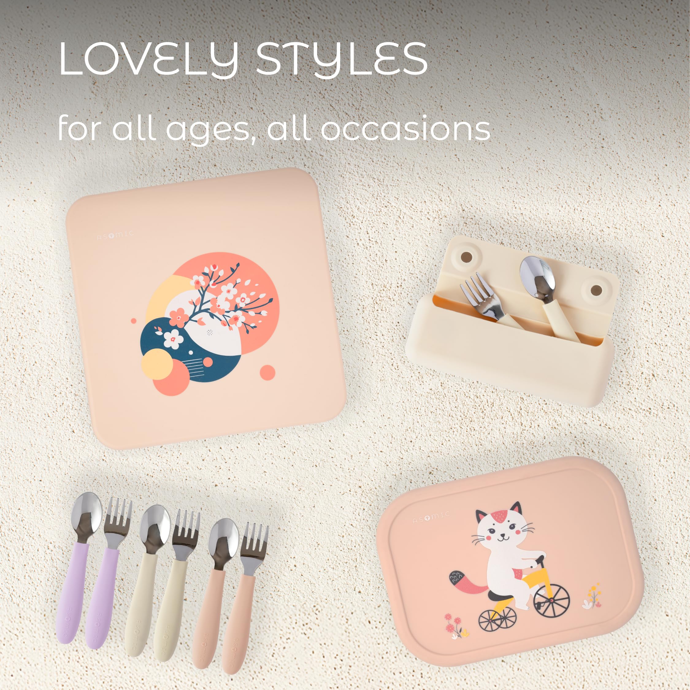 ASOMIC bright color toddler cutlery design: cheerful, encouraging independent eating.