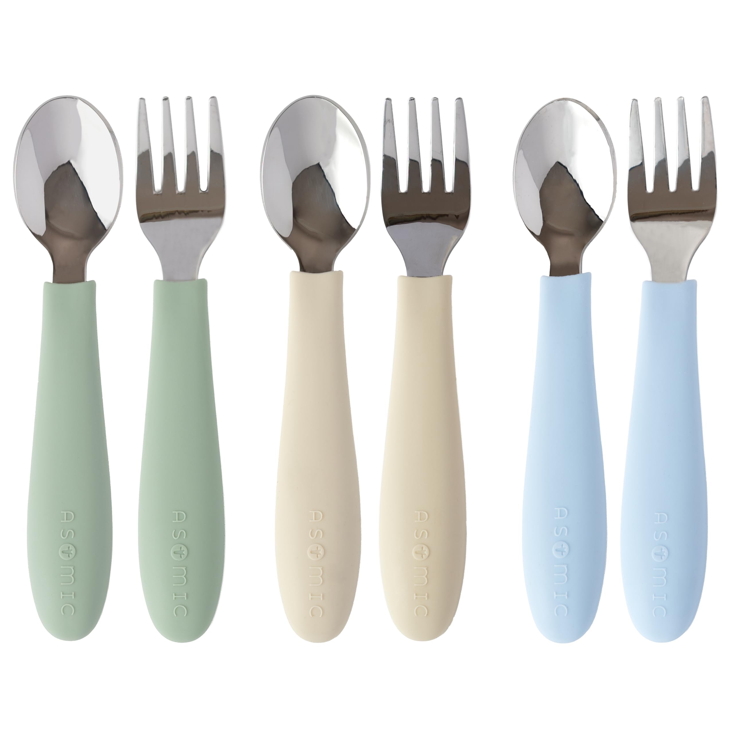 ASOMIC premium 316 stainless steel cutlery with sage handles for safe, easy toddler meals.