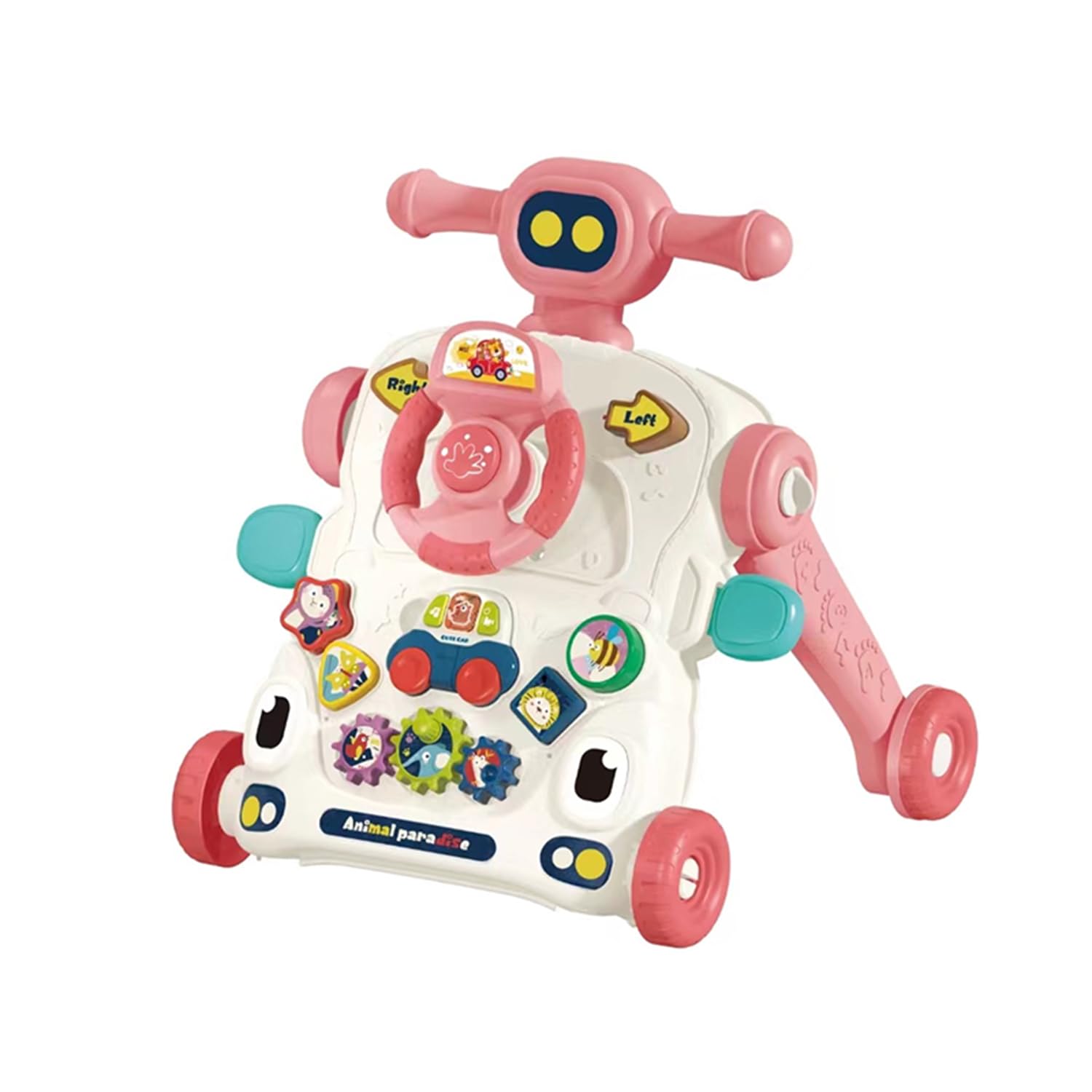 Asou pink activity-table focus image demonstrates lights, sounds, and toy car for interactive play