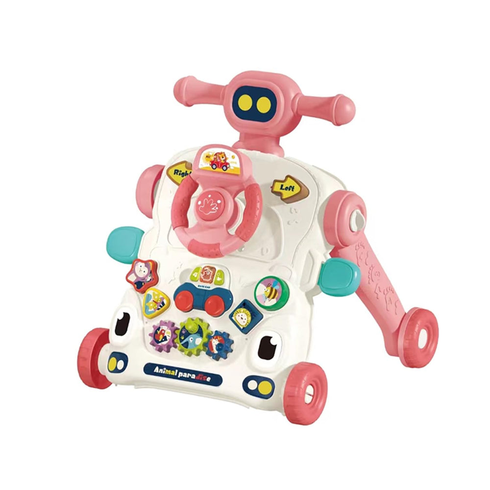 Asou pink activity-table focus image demonstrates lights, sounds, and toy car for interactive play