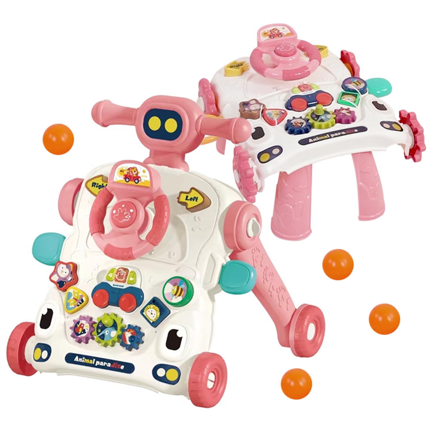 Asou baby walker 3-in-1 pink front view highlights sturdy build for early steps