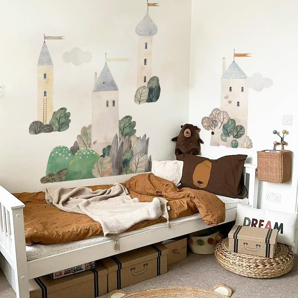astrkiz castle wall decal creates a fairy-tale-inspired nursery or play space