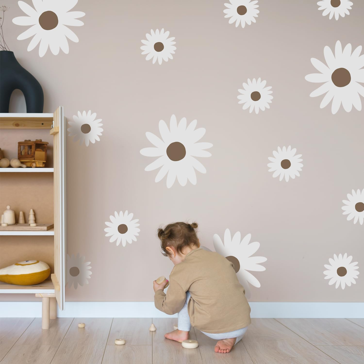 Astrkiz daisy wall decal applied to wall brightens a girl's room with white blooms