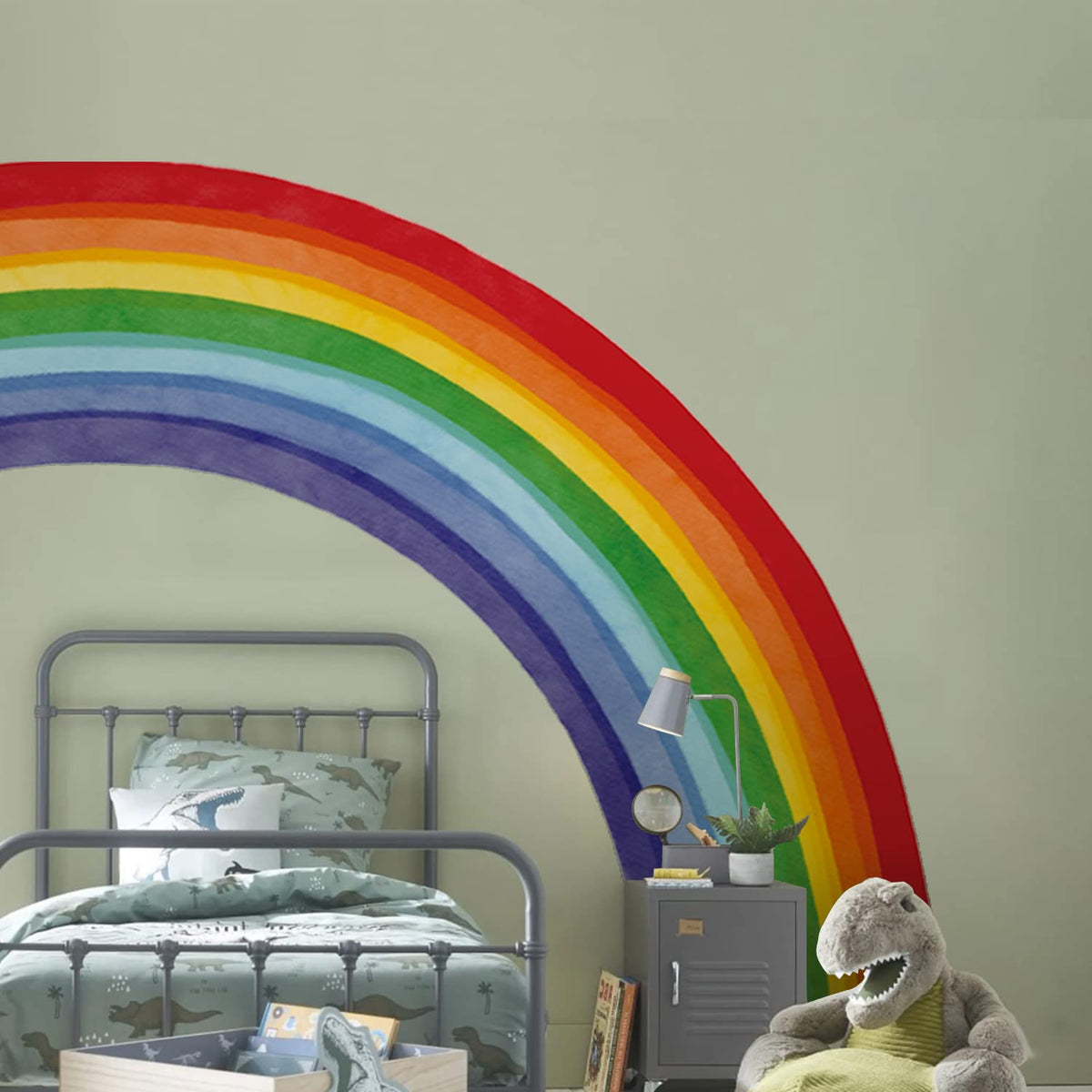 Astrkiz half rainbow wall decal assembly creates a bold, playful focal point in a kid's room.