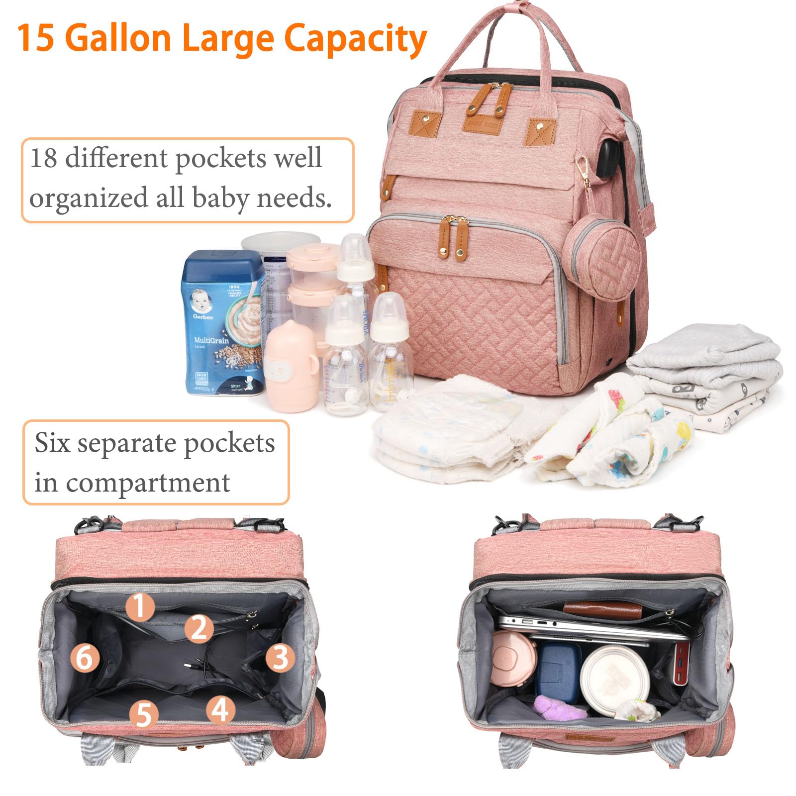 Astro alan 19-pocket diaper backpack pink keeps diapers, bottles, and clothes neatly organized.