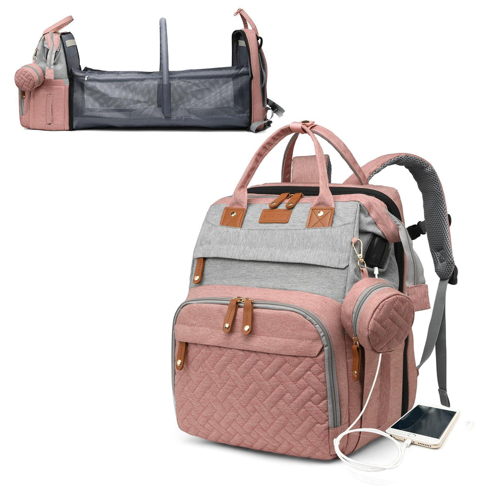 Astro alan diaper bag with changing station in grey-pink, versatile on-the-go baby care.