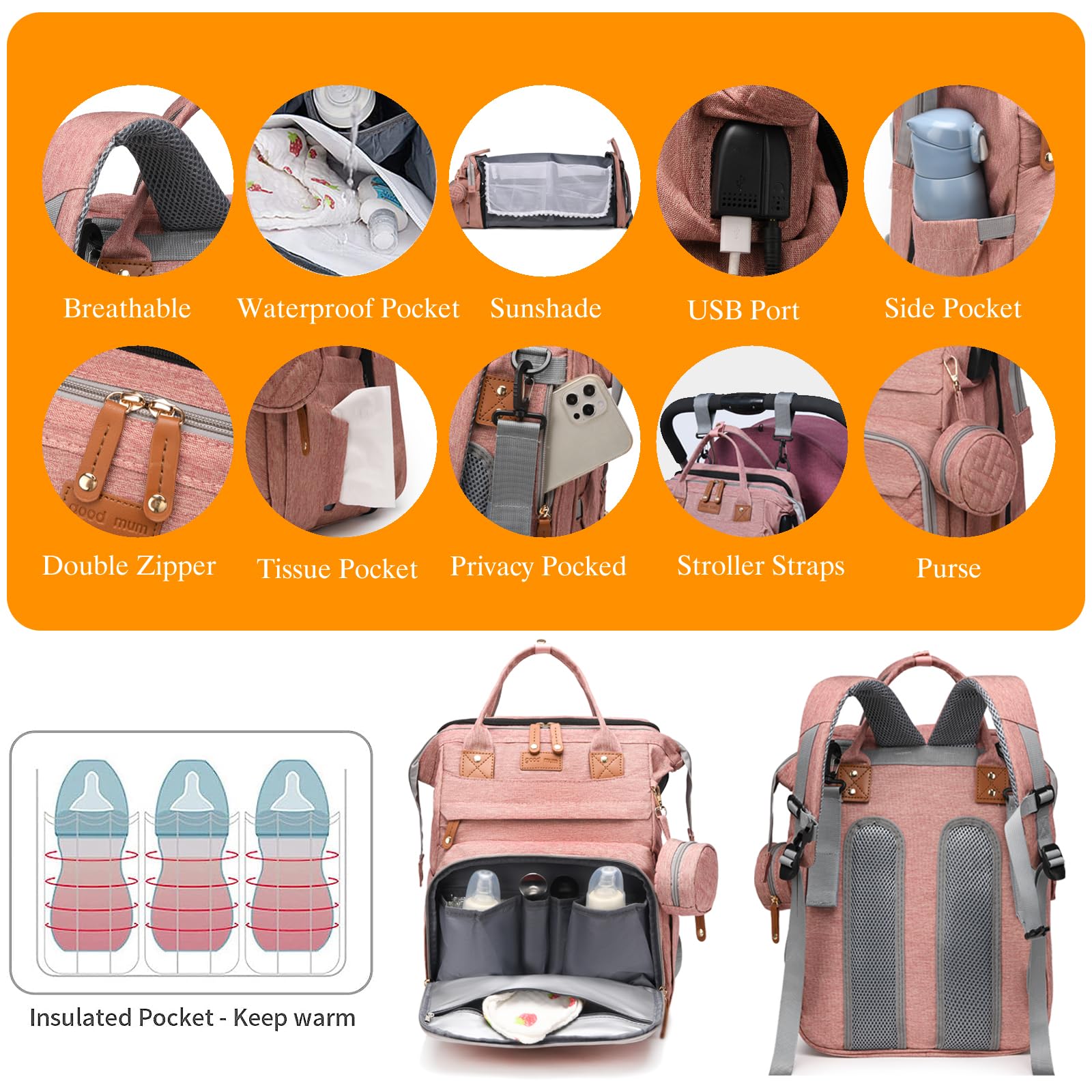 Astro alan diaper bag pink with USB charging port for on the go power.