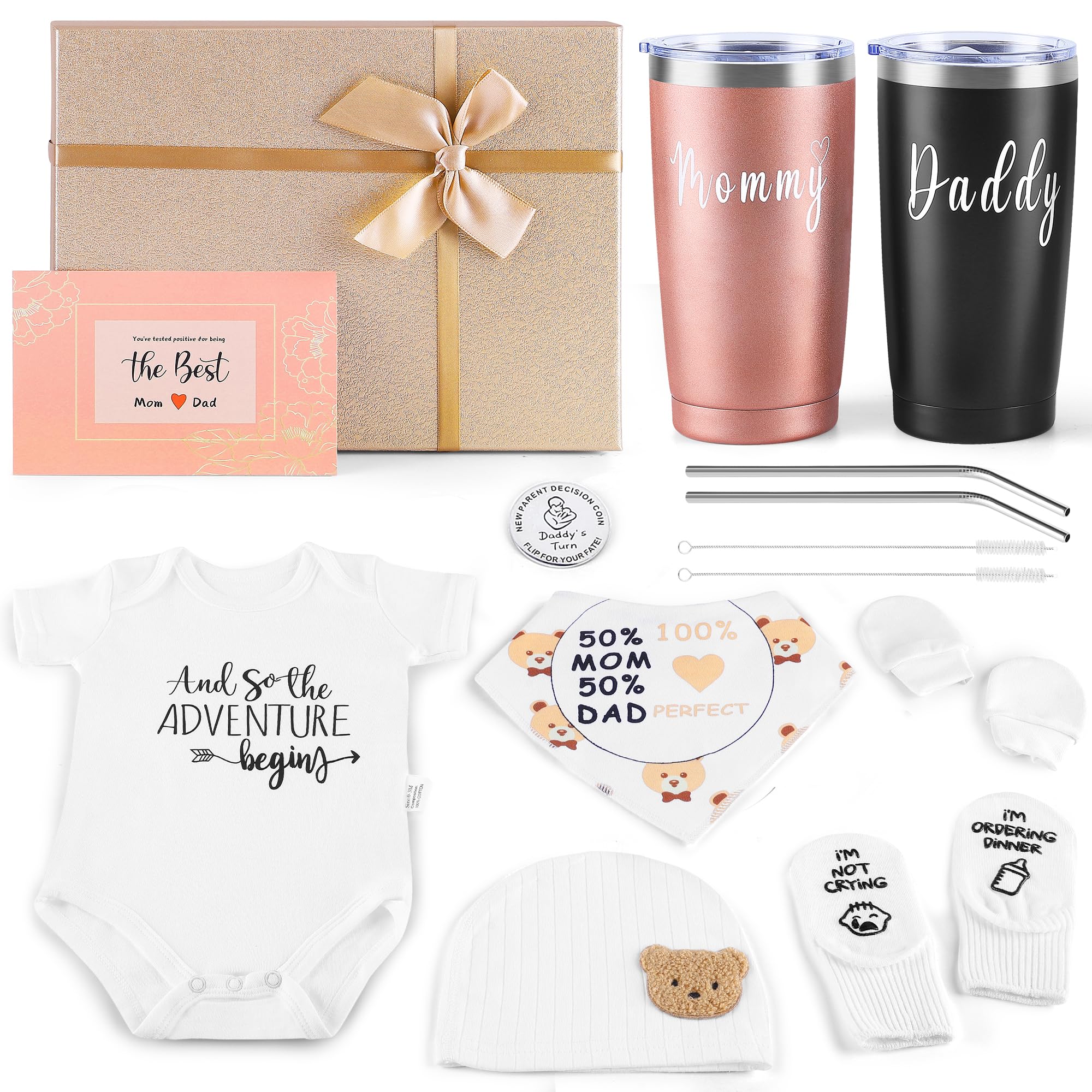 Asukin new mom and dad gift basket with baby socks and beanie for a newborn welcome.