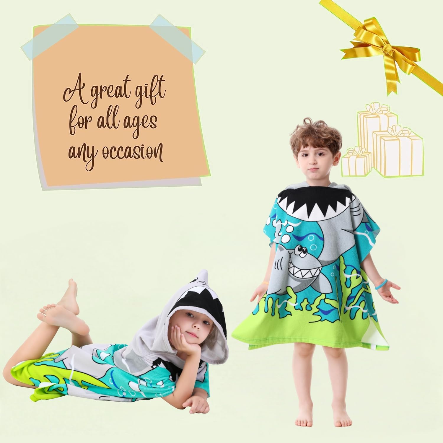 Athaelay wearable hooded towel kid wearing shark poncho at pool for quick dry.