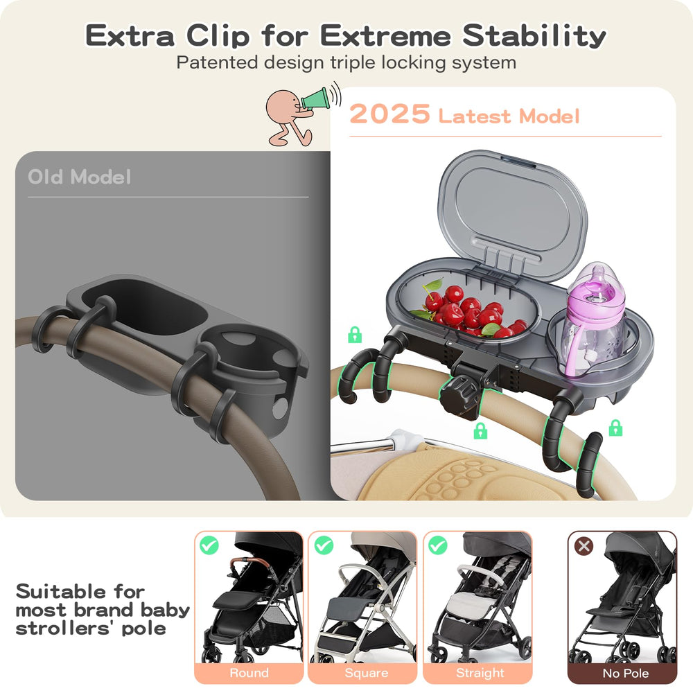 Atisek dual-lock system ensures tray stays put on any stroller pole.