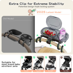 Atisek dual-lock system ensures tray stays put on any stroller pole.