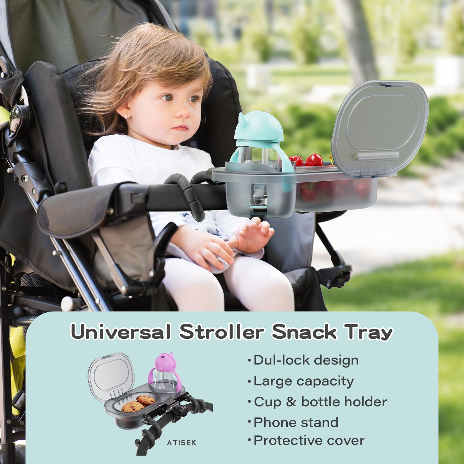 Atisek stroller snack tray with a dust cover protects snacks during outdoor trips.