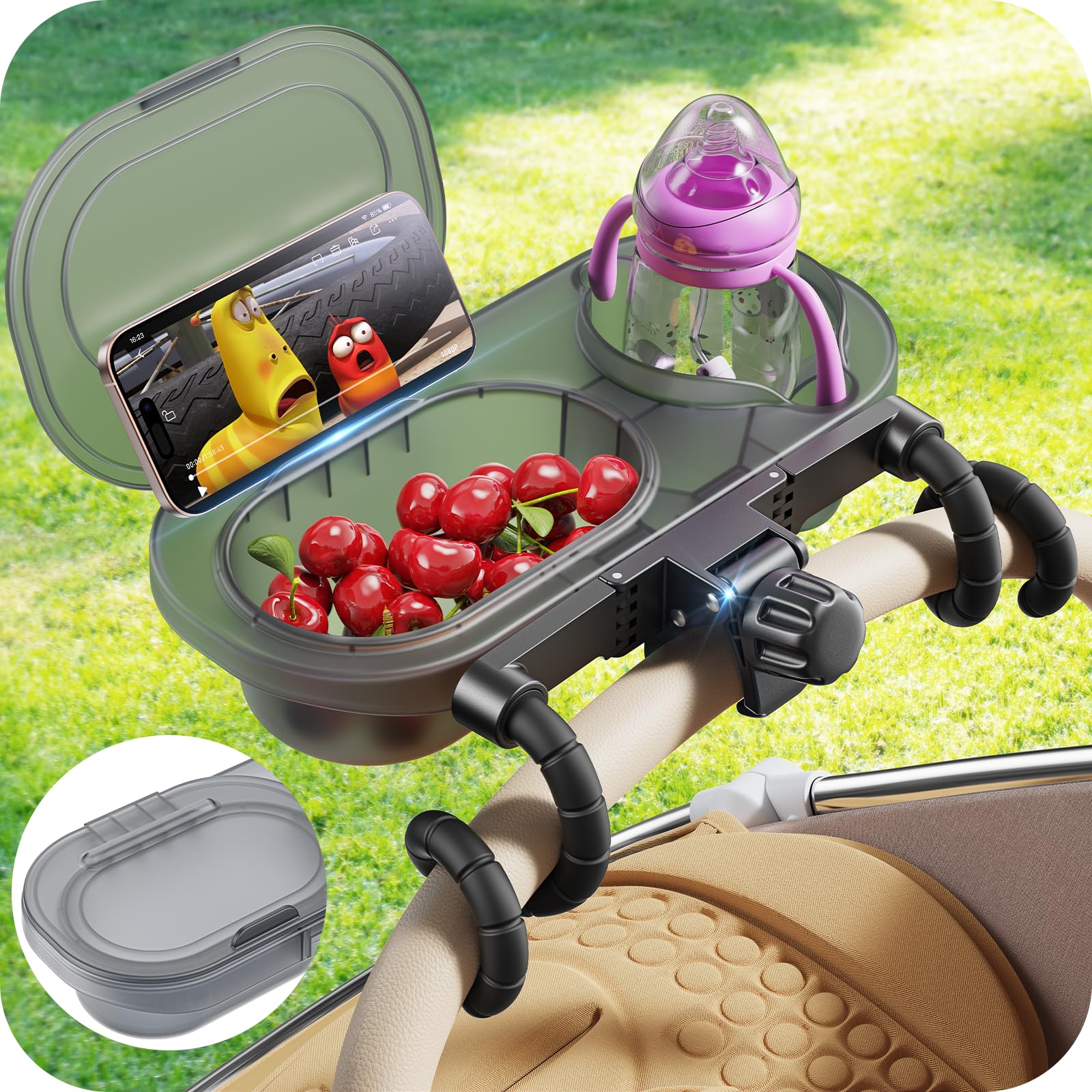 Atisek universal stroller snack tray attachment secured on a stroller during a family stroll.