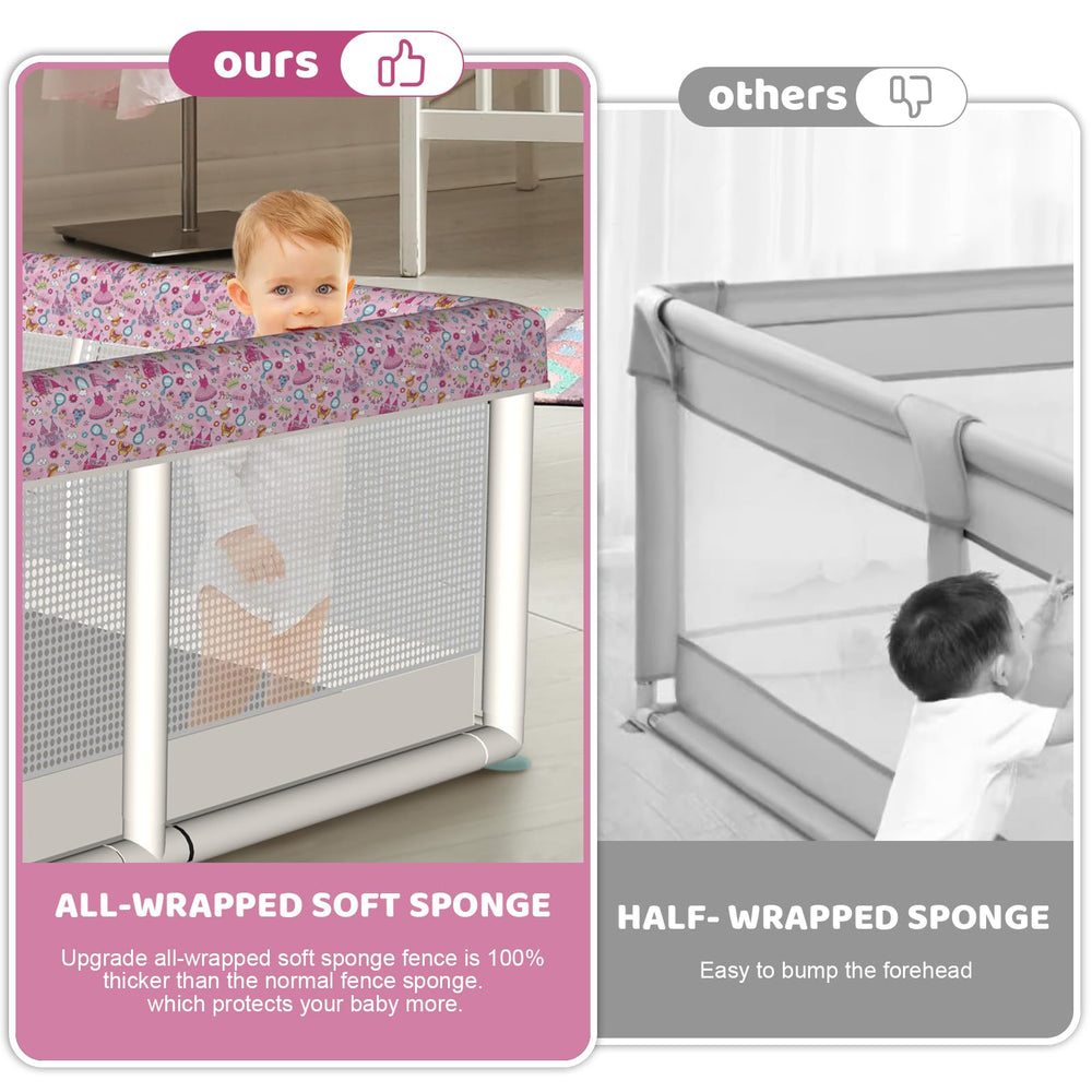 Atofter baby playpen includes pull-up rings for easy access and safe play.