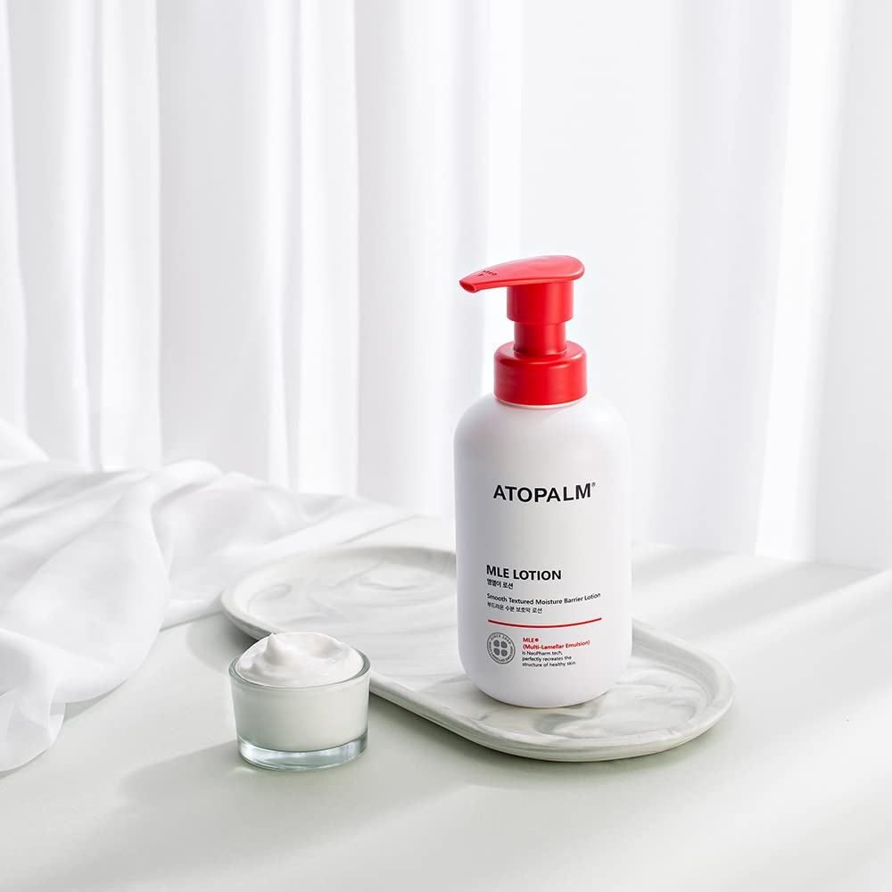 ATOPALM MLE Lotion packaging emphasizes hypoallergenic, green-grade ingredients.