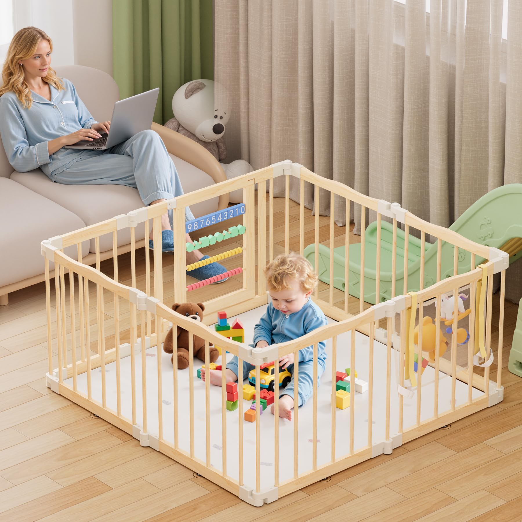 Atoping playpen close-up of pine wood texture and safe construction.