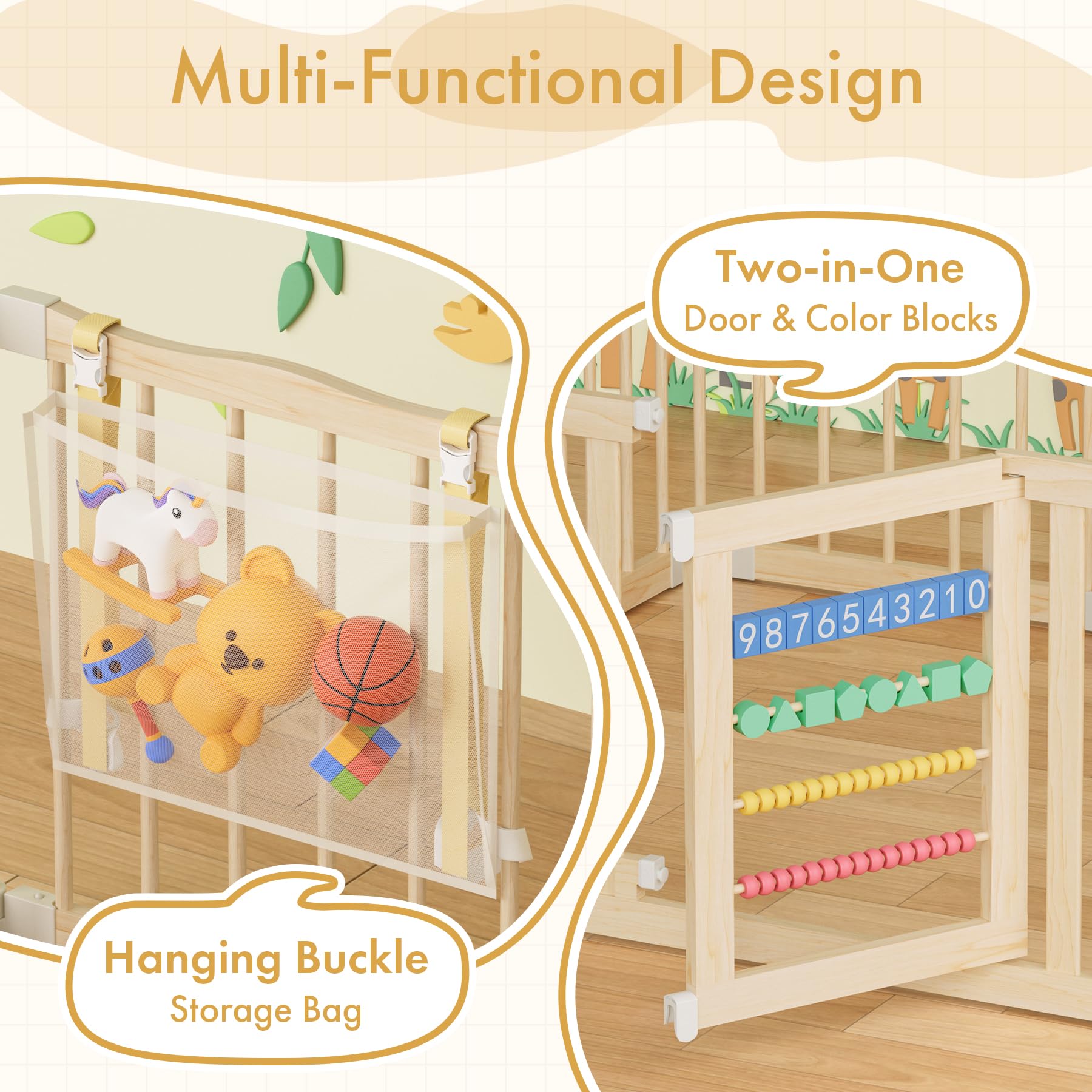 Atoping playpen door orientation shows inward or outward access for flexible layouts.