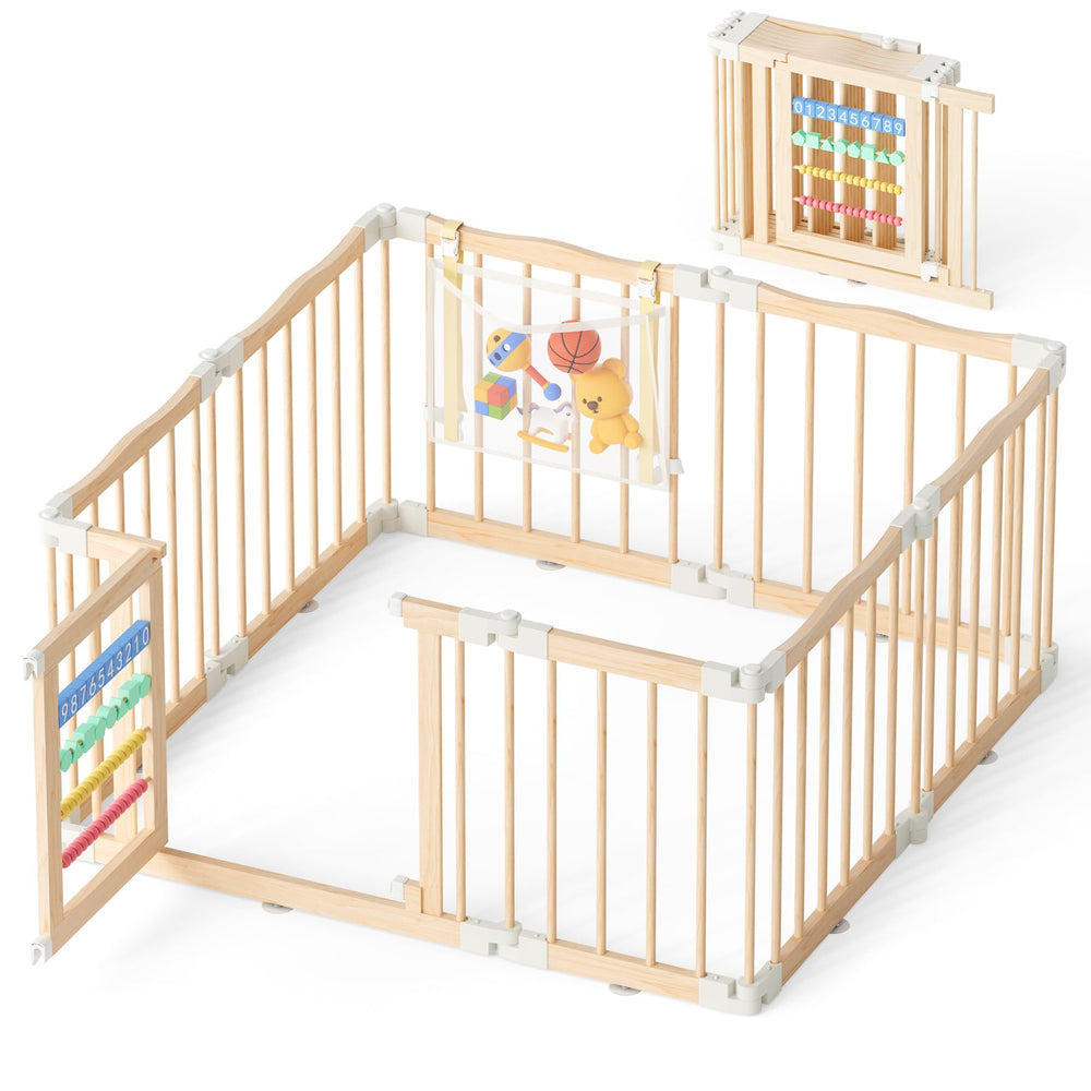 Atoping playpen in use indoors with toddler and storage bag nearby.