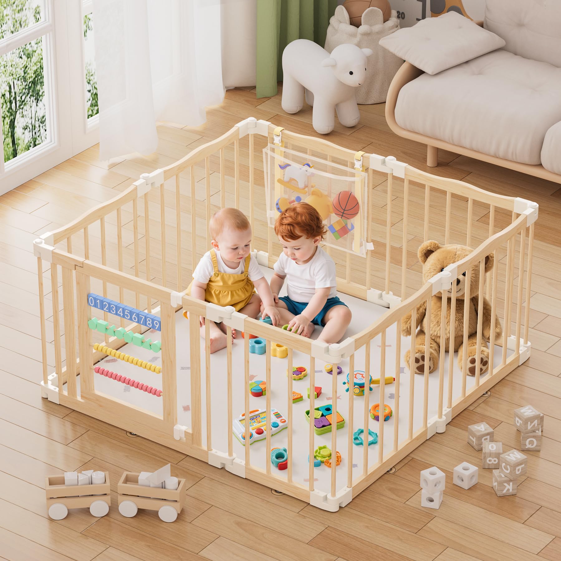 Atoping playpen wooden frame with digital blocks encourages curious, safe play.