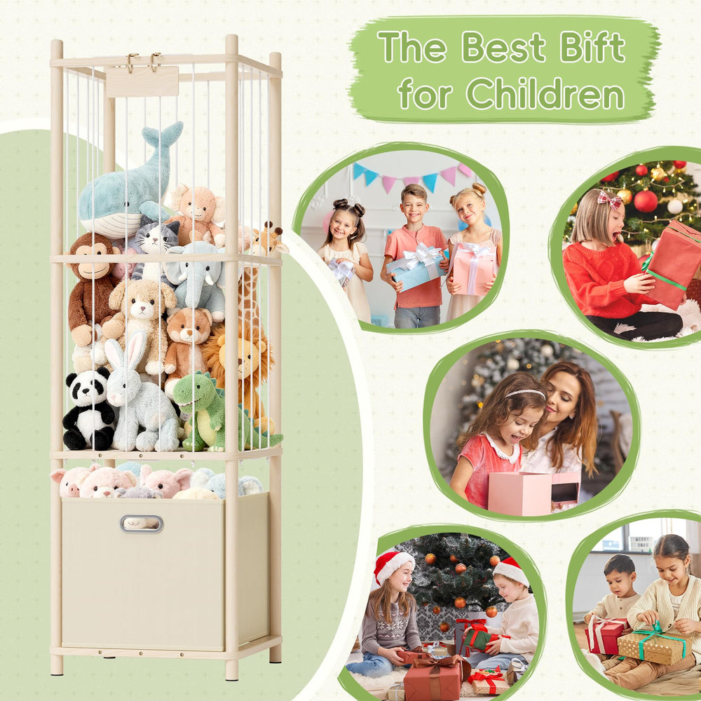 Atoping stuffed animal storage organizer family-cleanup scene suggests collaborative tidying rituals.