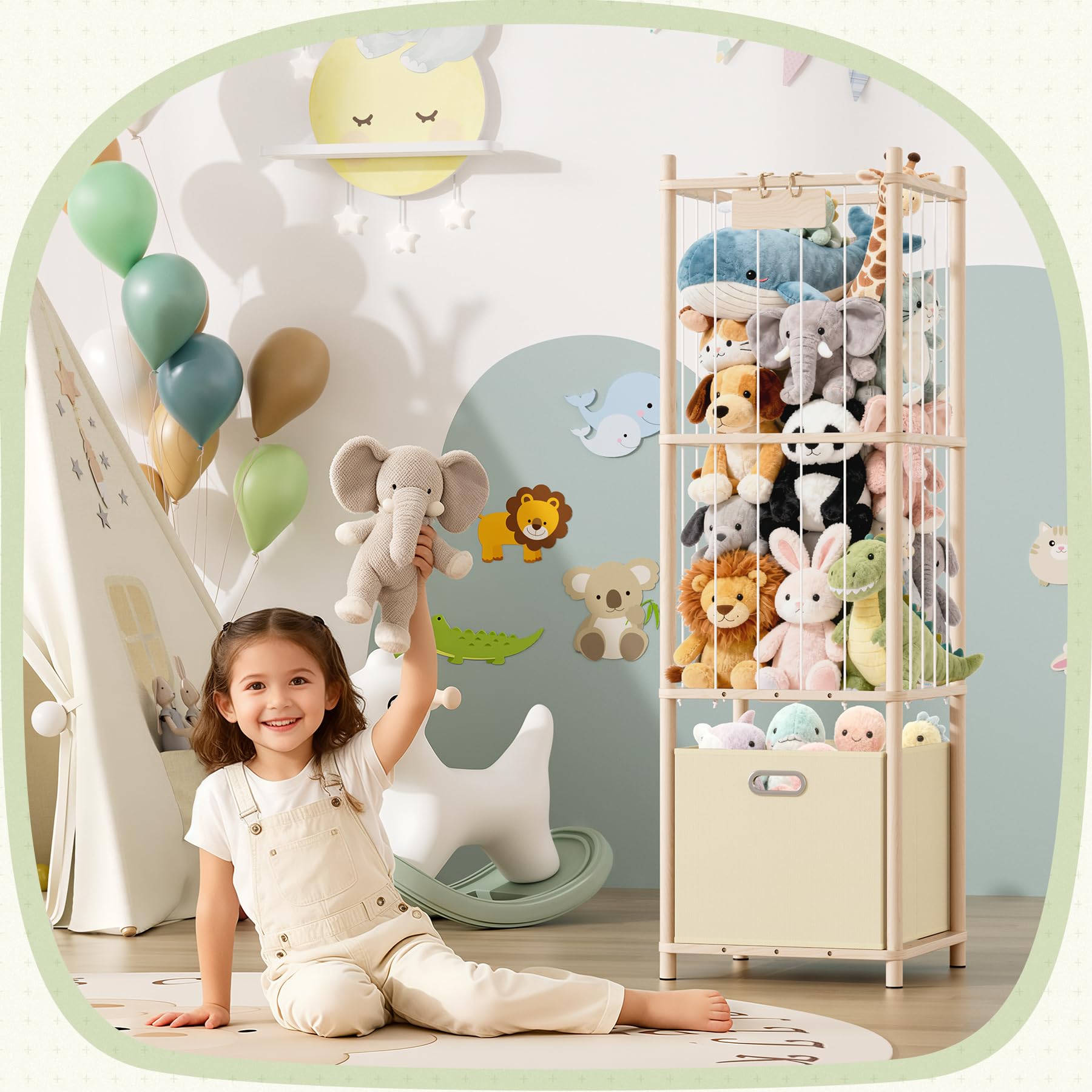 Atoping stuffed animal storage organizer side view shows sturdy pine and durable playroom storage.
