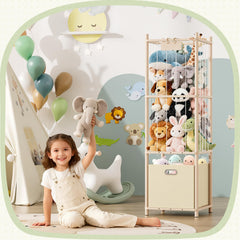 Atoping stuffed animal storage organizer side view shows sturdy pine and durable playroom storage.