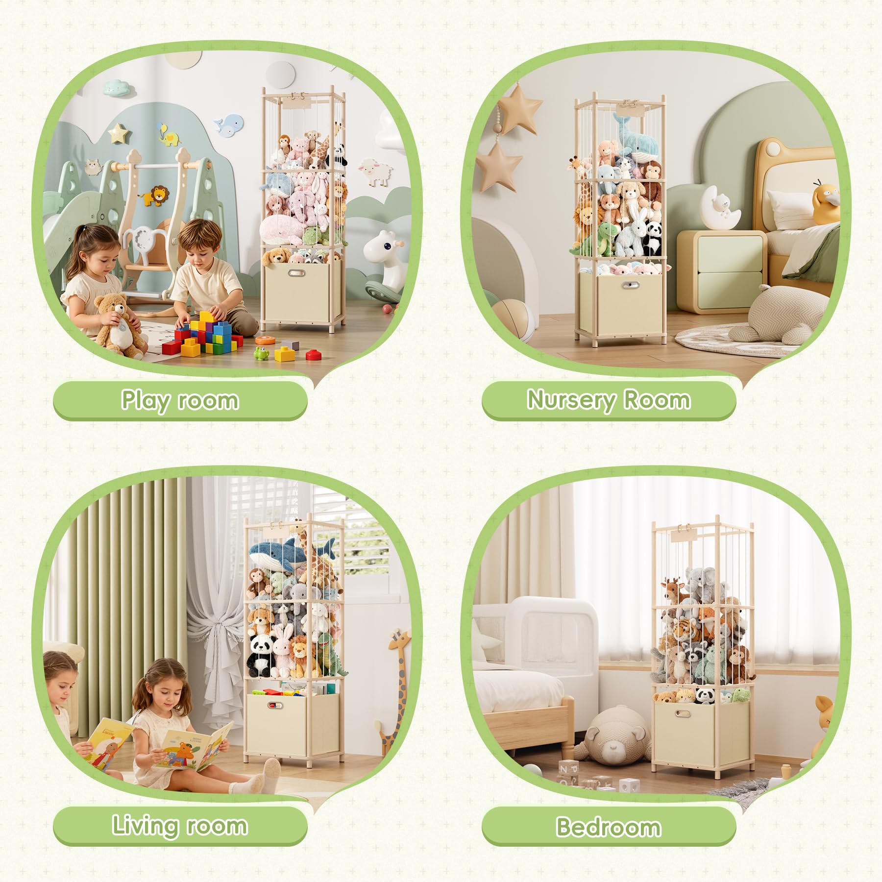 Atoping stuffed animal storage organizer with toys indicates tidy play areas and easy access.