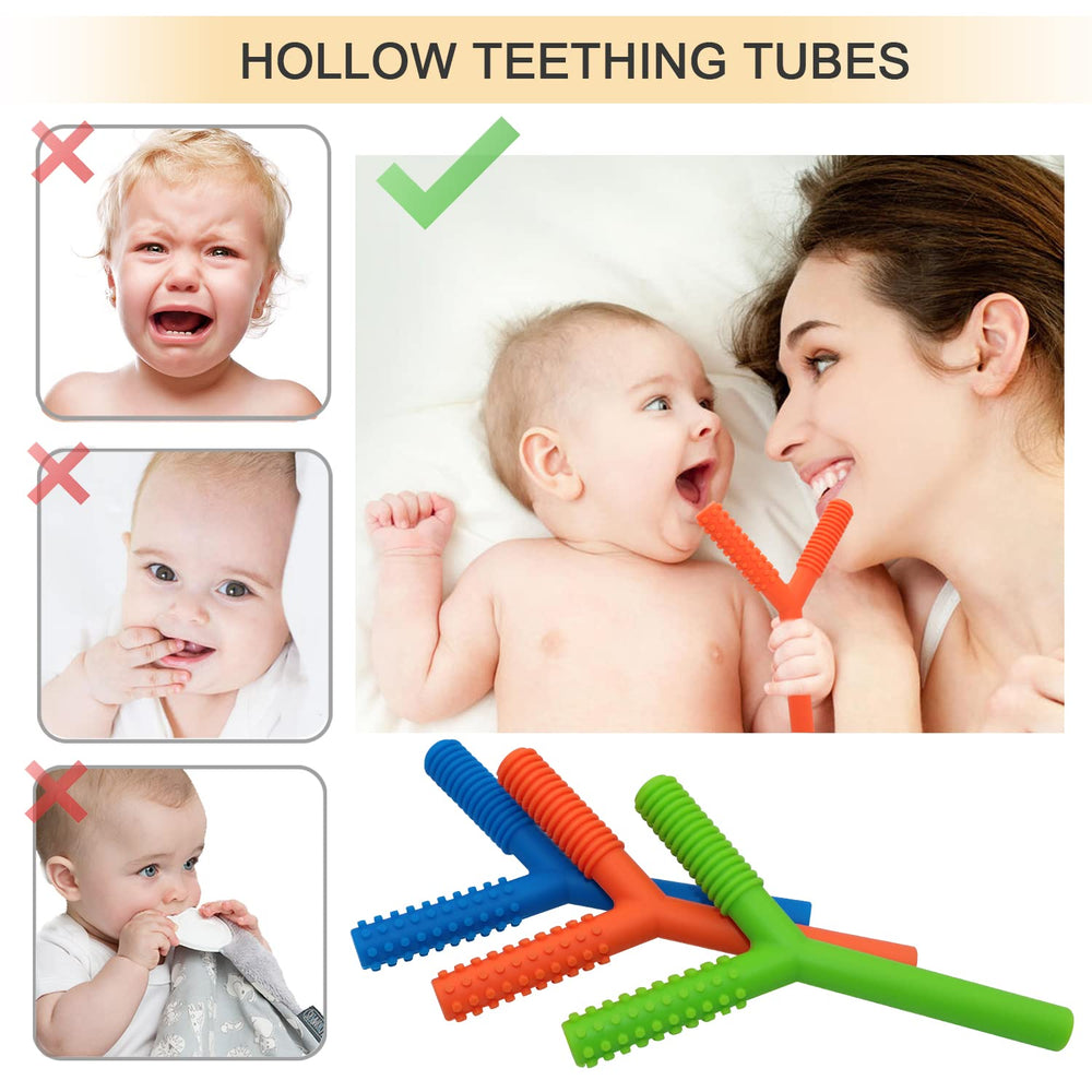 Atsky textured Y-shape teething tubes engage gums with two soothing textures.