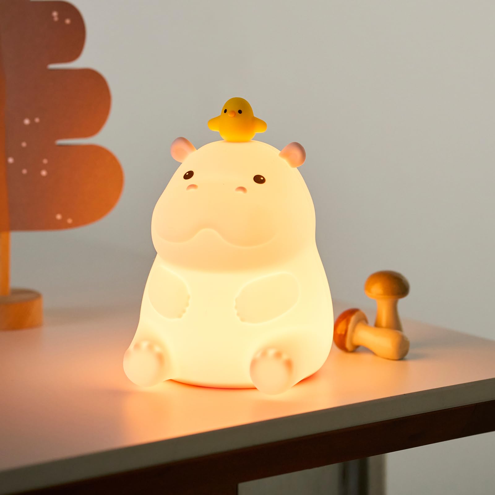 ATSUI Hippo Night Light front view, soft silicone nursery lamp.