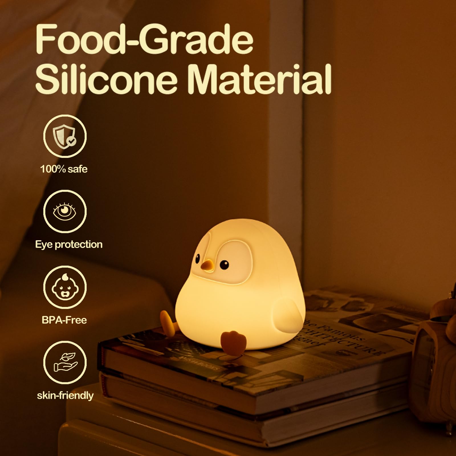 ATSUI Penguin Night Light side view shows kneadable silicone texture.